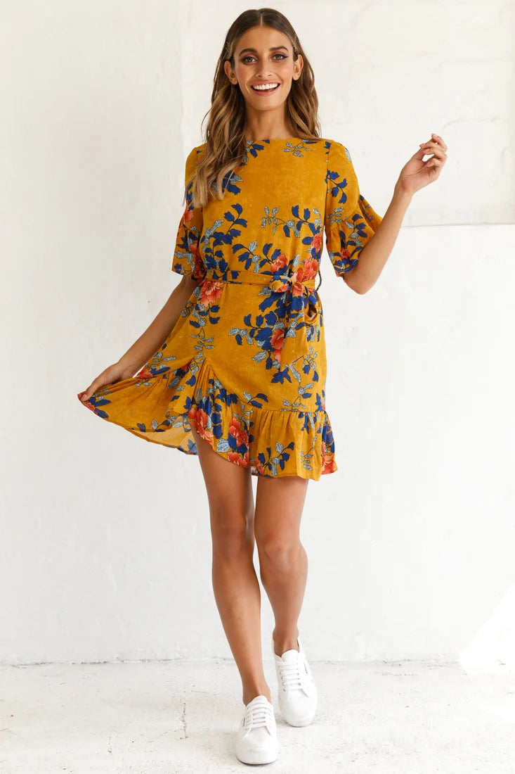 Azealia Floral Wrap Dress Mustard
