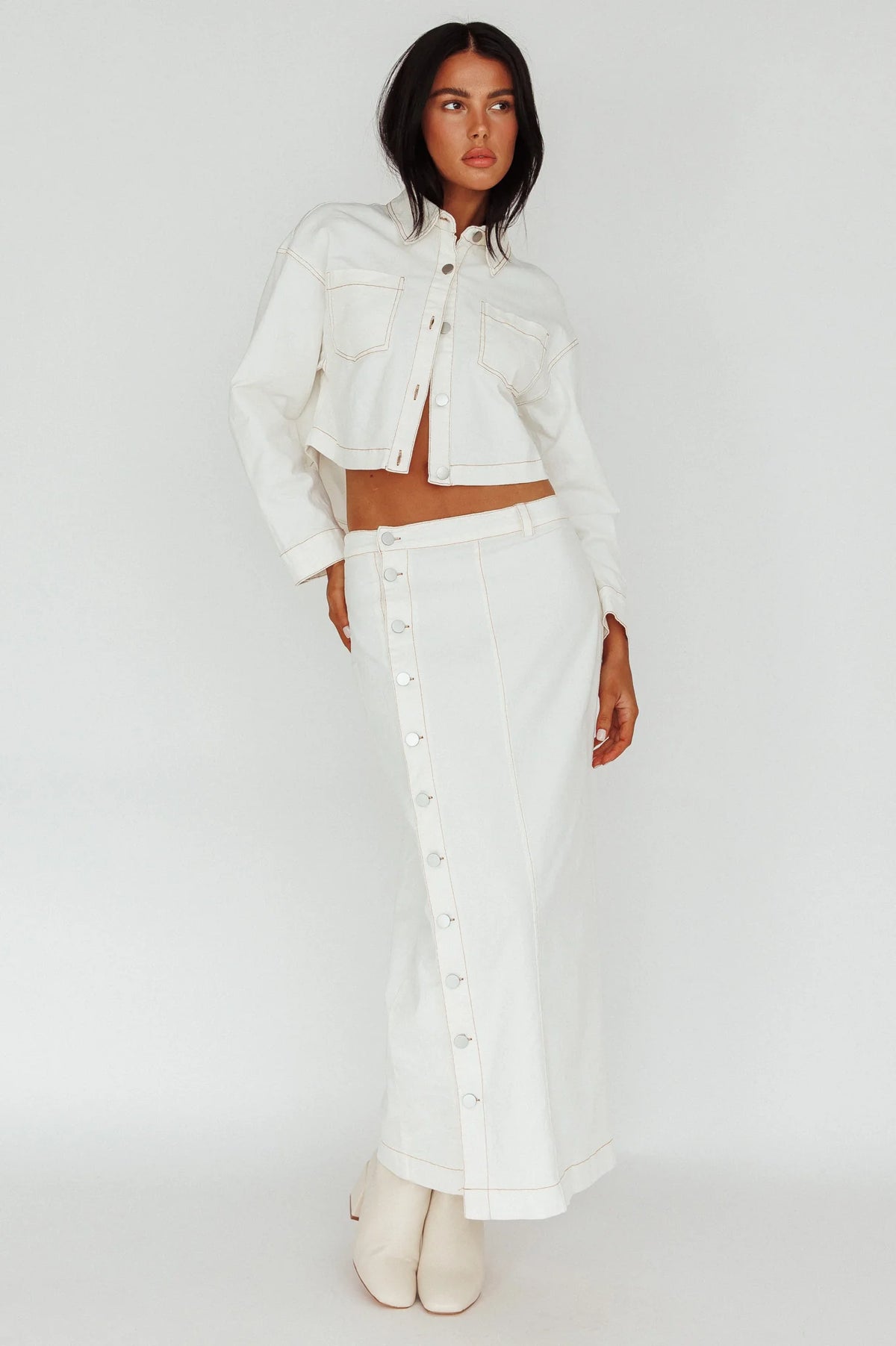 Angelica Side Button-Up Midi Skirt White