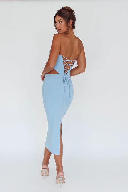 Dragonfly Lace-up Back Midi Dress Blue