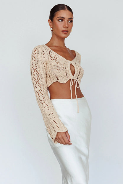 Maycie Long Sleeve Crochet Crop Top Beige