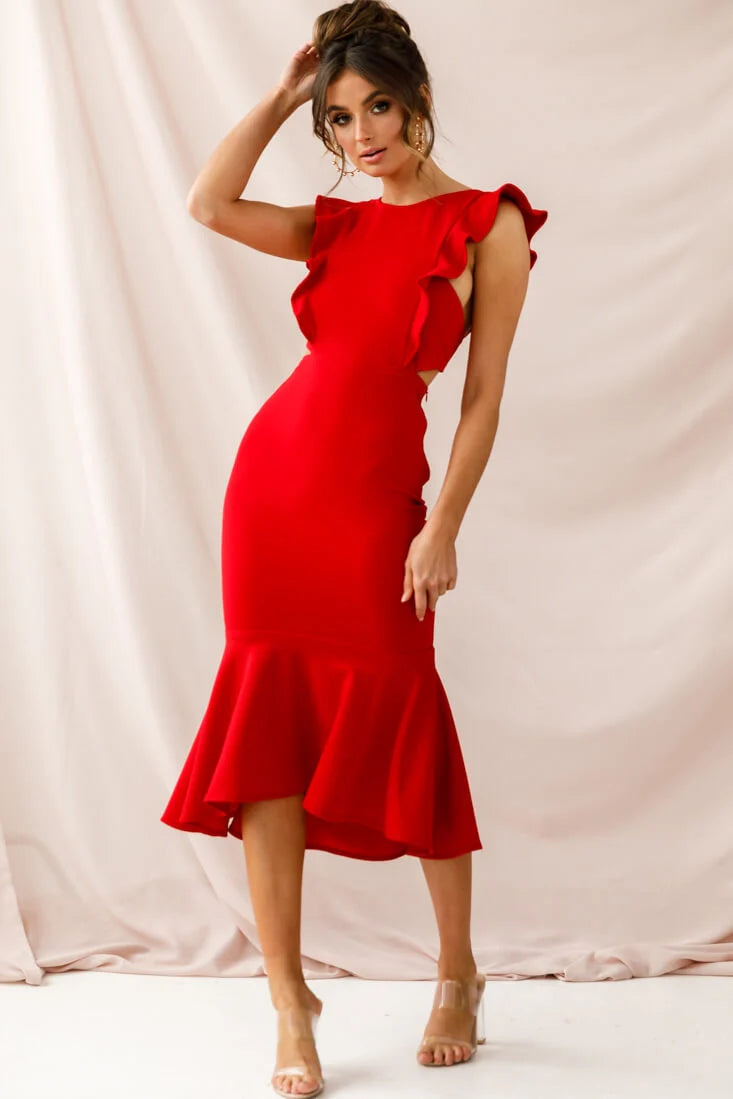 Jackie Wide Ruffle Hem Pinafore Midi Dress Red