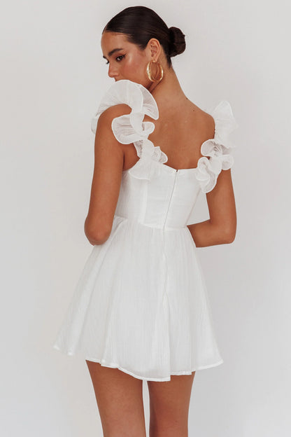 Nivaya Ruffle Neckline Mini Dress White