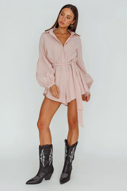 Daytona Beach Long Sleeve Shirt Romper Terracotta Stripe
