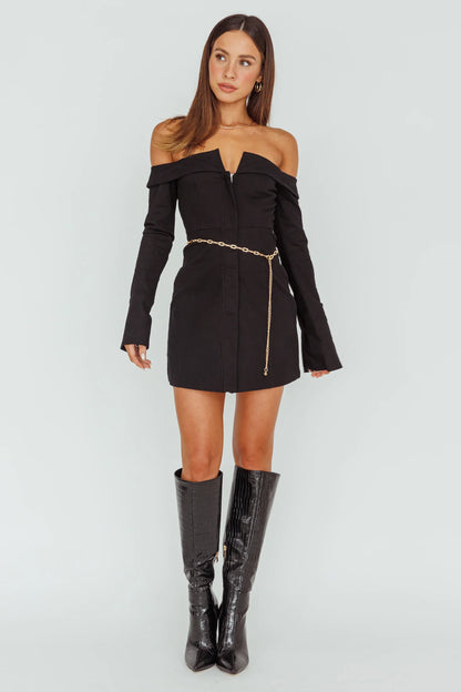 Tamra Long Sleeve Off-Shoulder Zip Dress Black