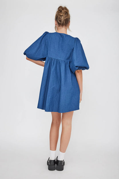 New Haven Puff Sleeve Swing Dress Indigo