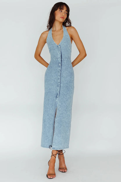 Renita Halterneck Button Maxi Dress Denim Blue