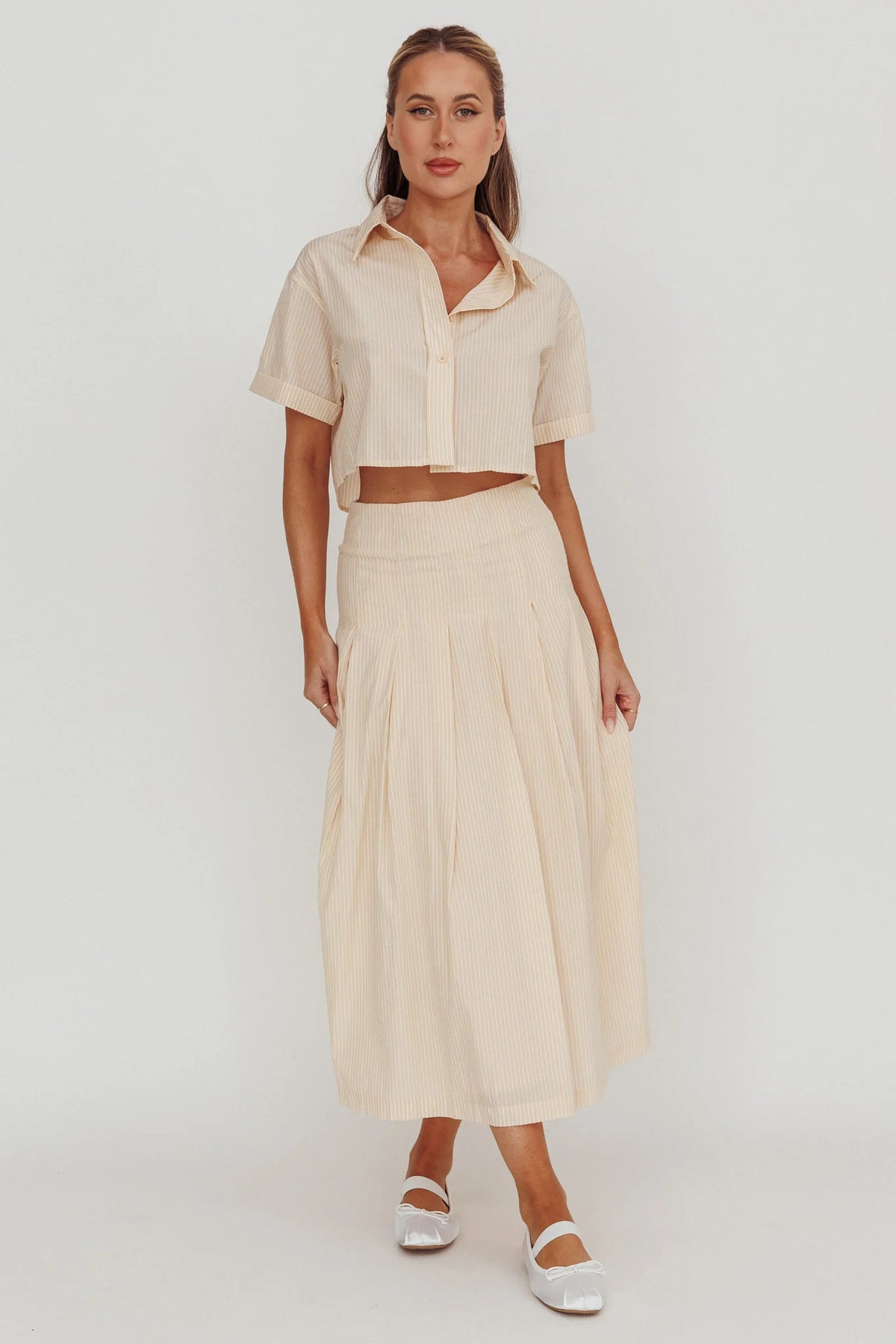 Zealous A-Line Striped Midi Skirt Beige/Off White
