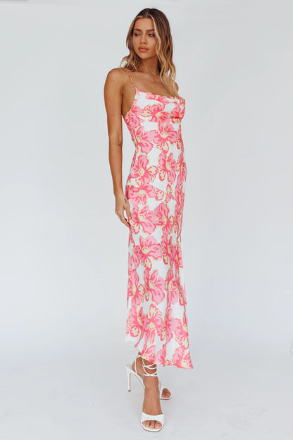 Well Versed Pleated Bust Front Split Dress Flowers Pink