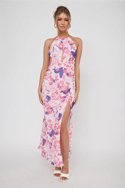 Nirvana Halterneck Split Midi Dress Floral Pink