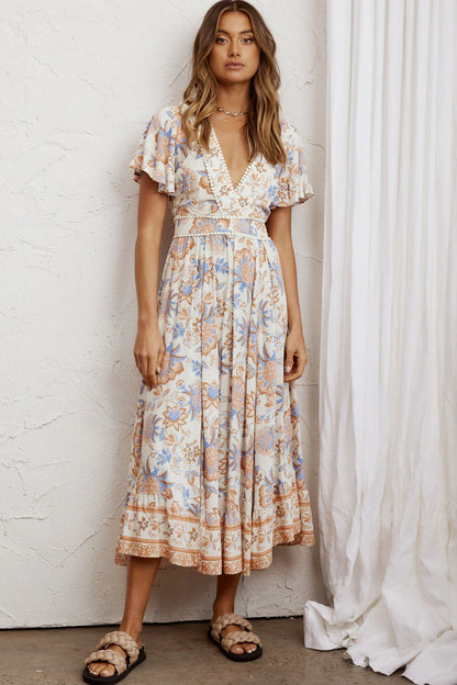 Kailee Short Sleeve Midi Dress Beige/Rust