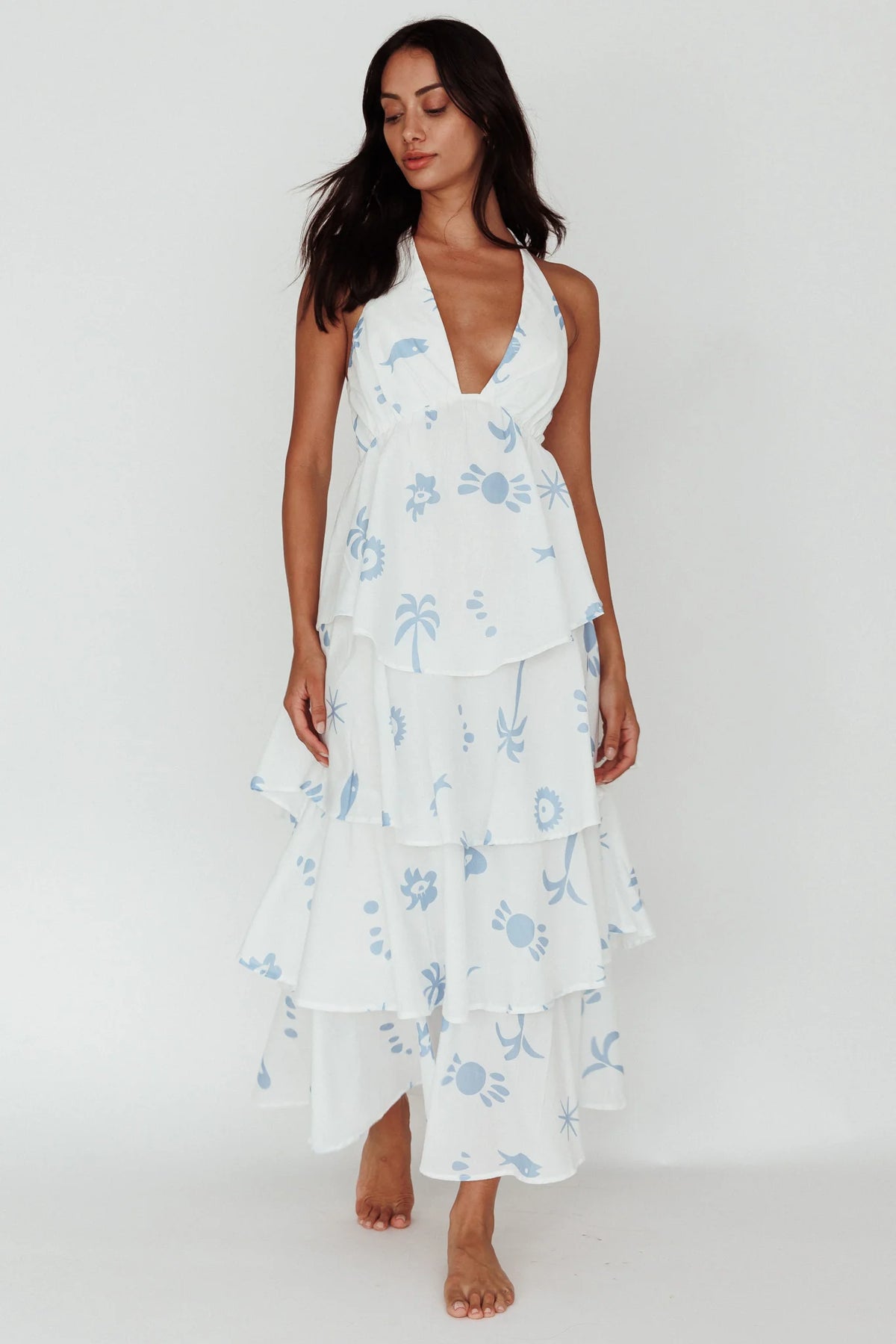 Catalina Tiered Ruffle Maxi Dress White Blue
