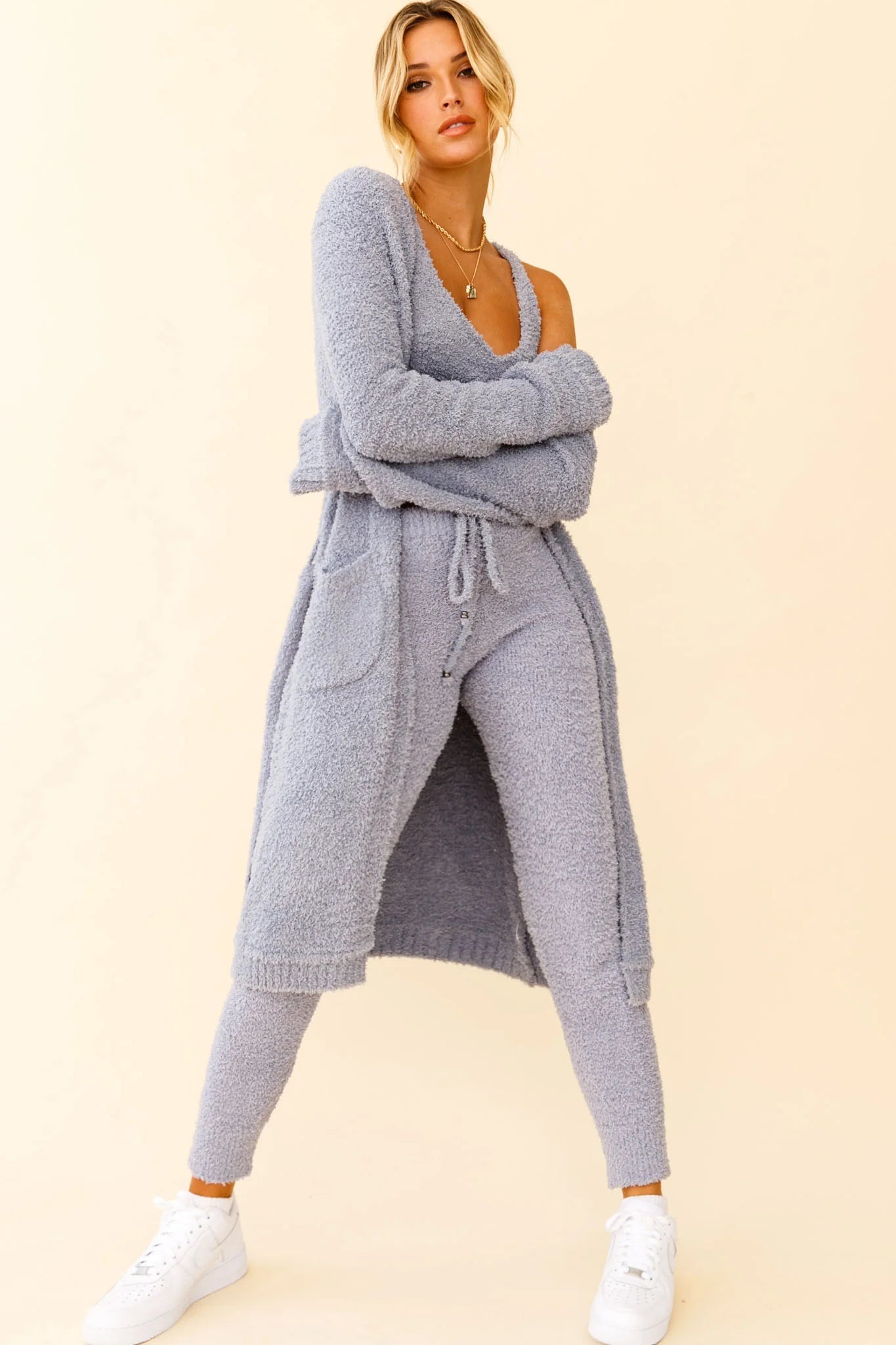 My Girl Fuzzy Knit Longline Pocket Cardigan Steel Blue