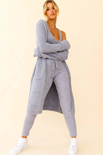 My Girl Fuzzy Knit Longline Pocket Cardigan Steel Blue