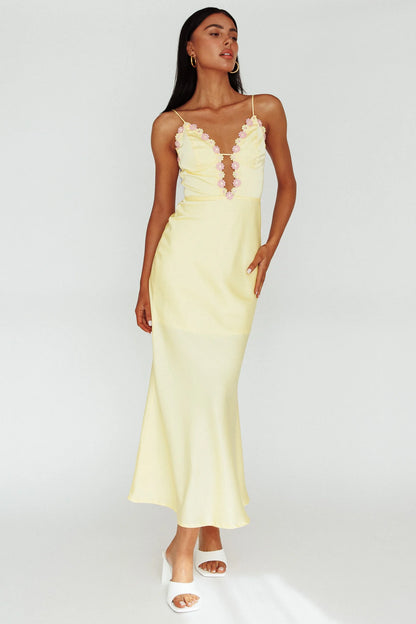Honeysuckle Floral Neckline Midi Dress Lemon