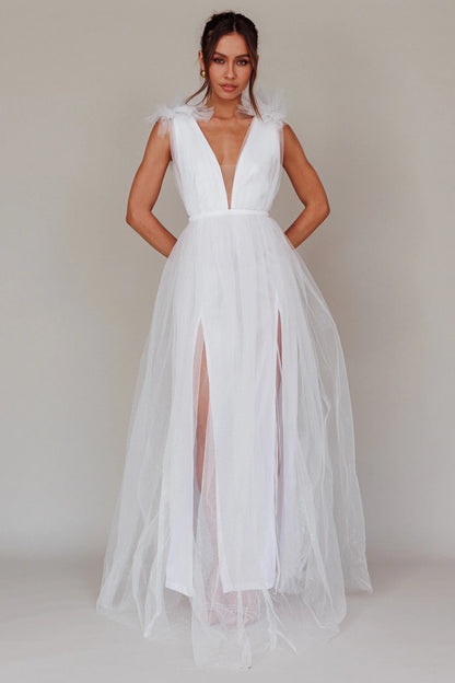 Ludivine Shoulder Accent Mesh Midi Dress Glitter White