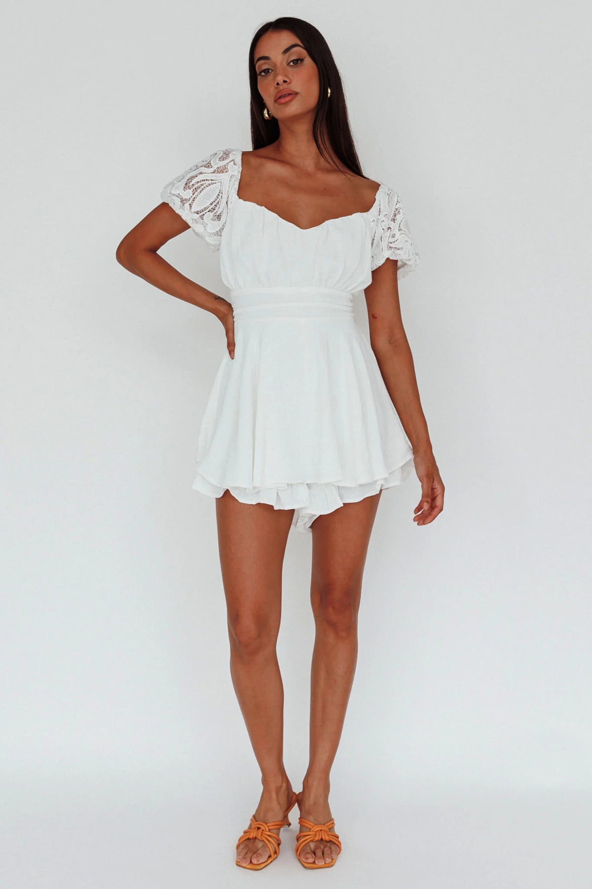 Lianah Lace Sleeve Tied Back Romper White