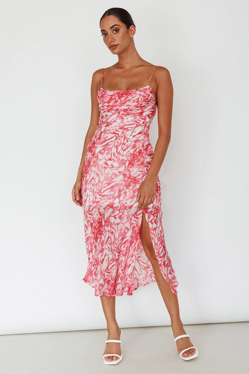 Well Versed Pleated Bust Front Split Dress Swirl Fuchsia