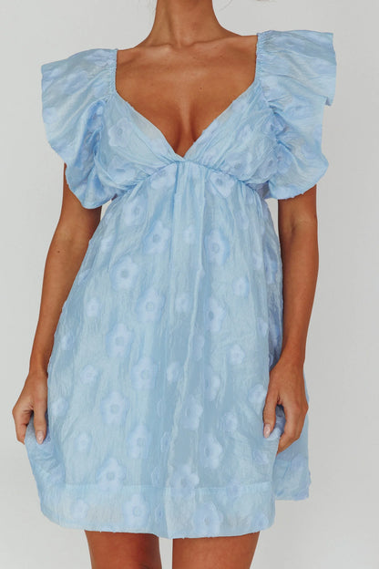 Melrose Place Floral Textured Frill Dress Powder Blue