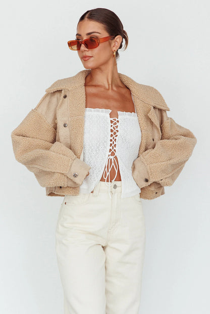 Kya Button Front Shearling Jacket Khaki