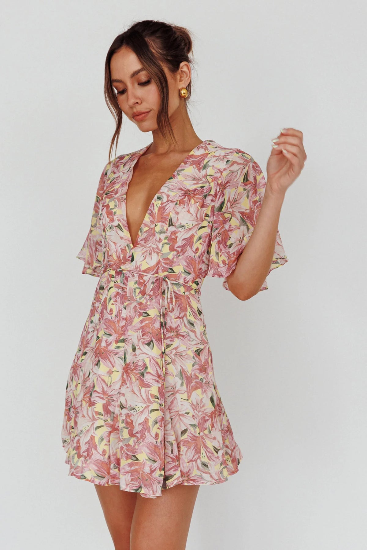 Estelle Angel Sleeve Dress Lily Print Yellow