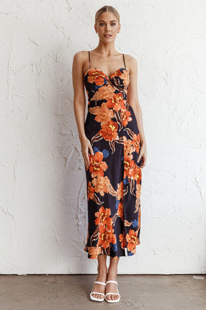 Missoula Cami Strap Padded Bust Midi Dress Flower Orange