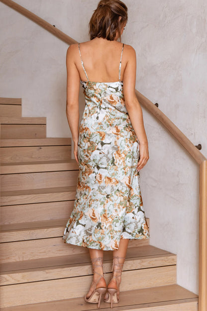 Well Versed Pleated Bust Front Split Dress Floral Abstract Print Sage