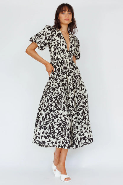 Summer Land V-Neckline Midi Dress Floral Beige