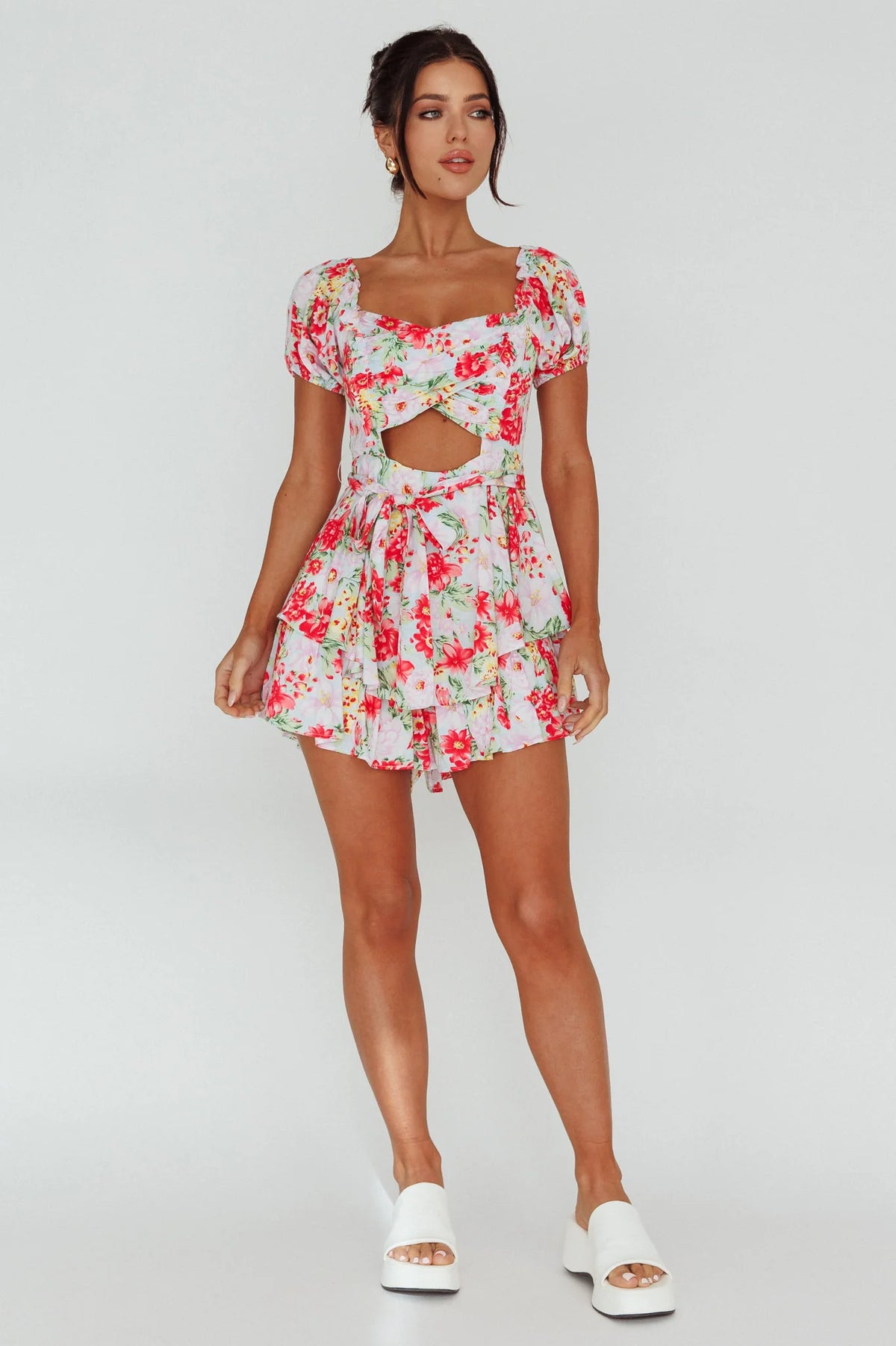 Whimsical Cut-out Bodice Romper Floral Pink