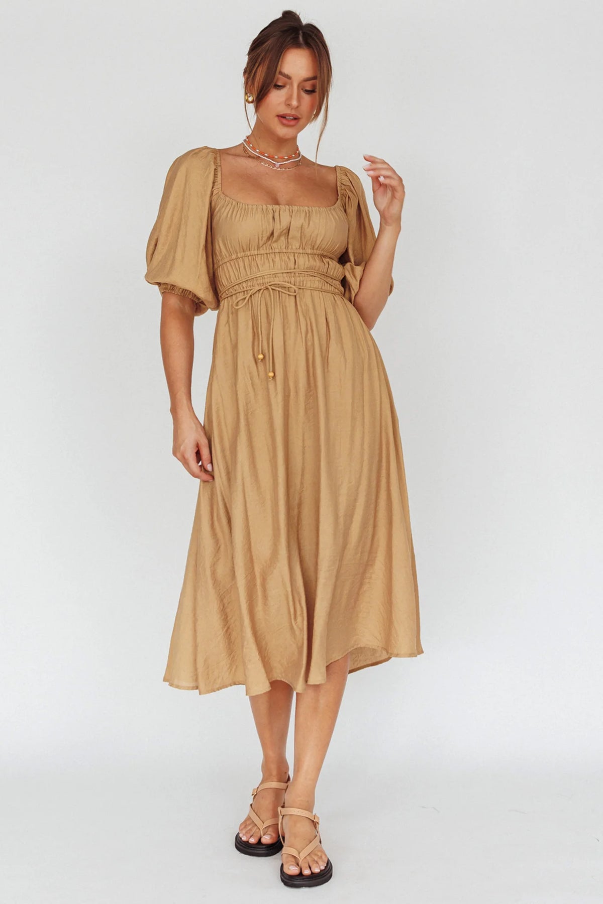 Lille Puff Sleeve Midi Dress Latte