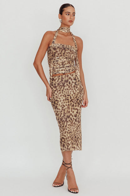 Meet Up Elastic Waist Midi Skirt Leopard