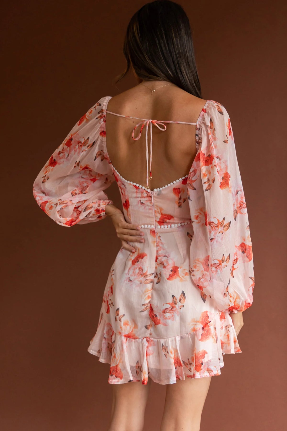Catch Feelings Sweetheart Neckline Dot Trim Dress Rose Print Orange