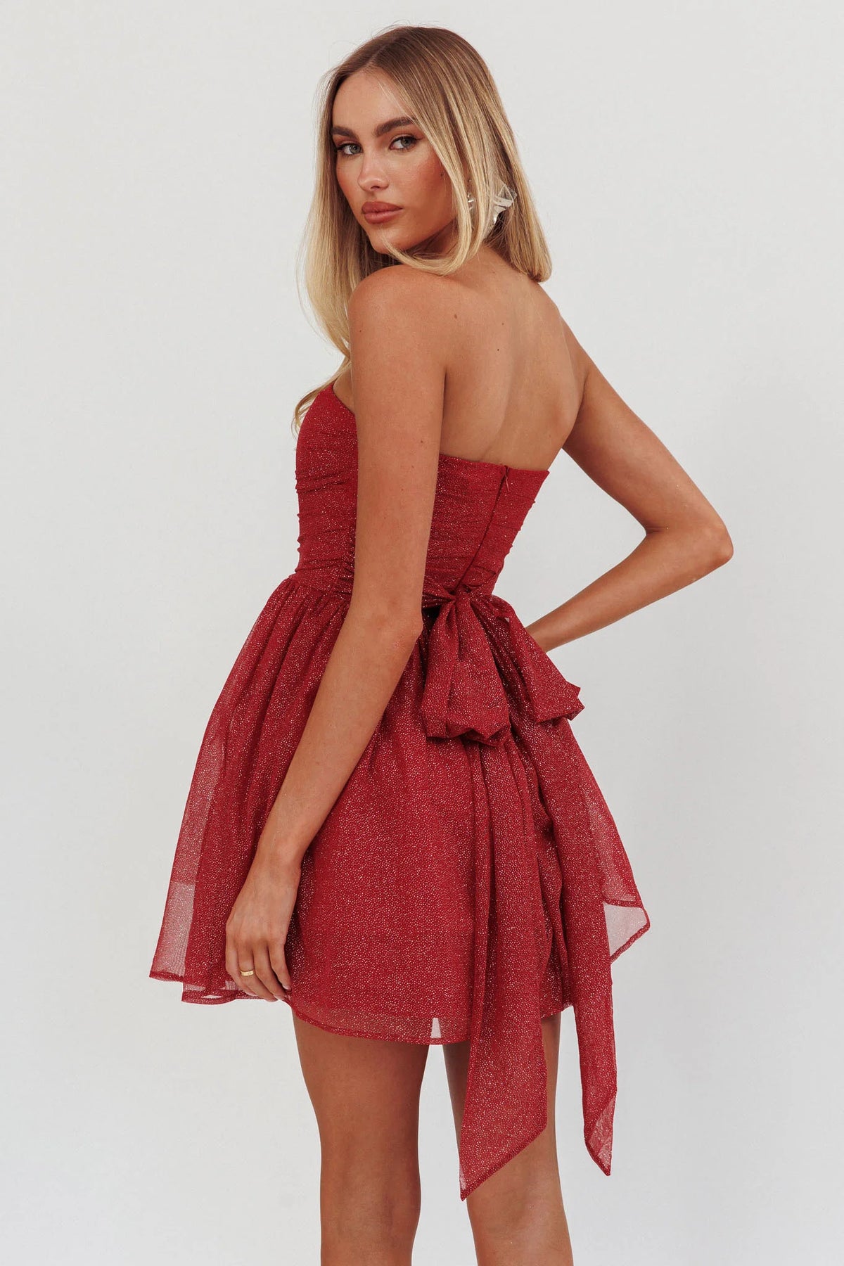 Guilty Pleasure Strapless Glitter Mini Dress Red