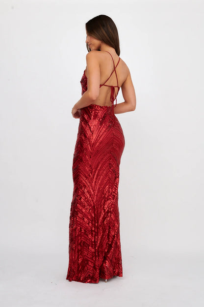 Dalila Open Tied Back Sequin Maxi Dress Red
