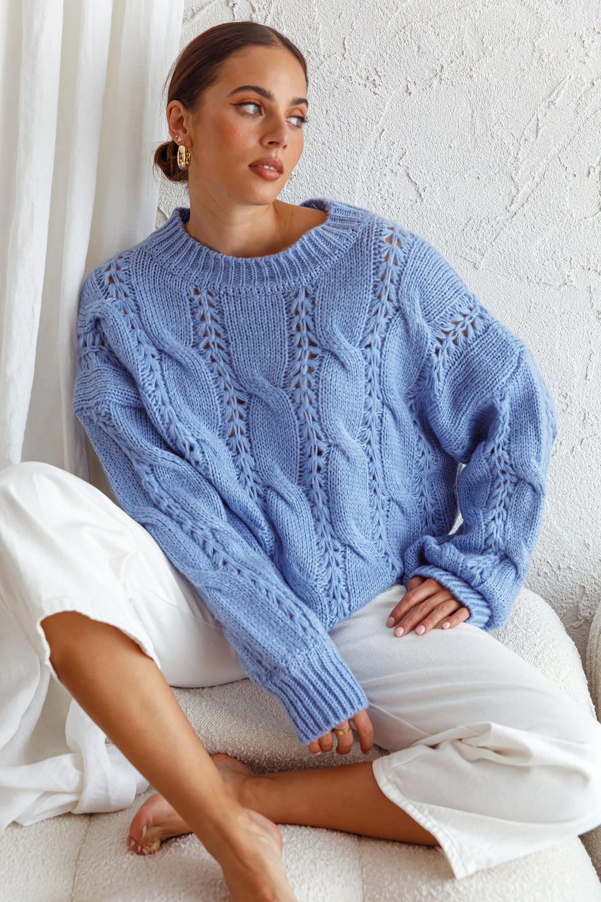Nicola Long Sleeve Chunky Cable Knit Sweater Blue
