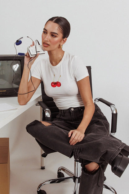 Lanna Cherry Print Baby Tee White