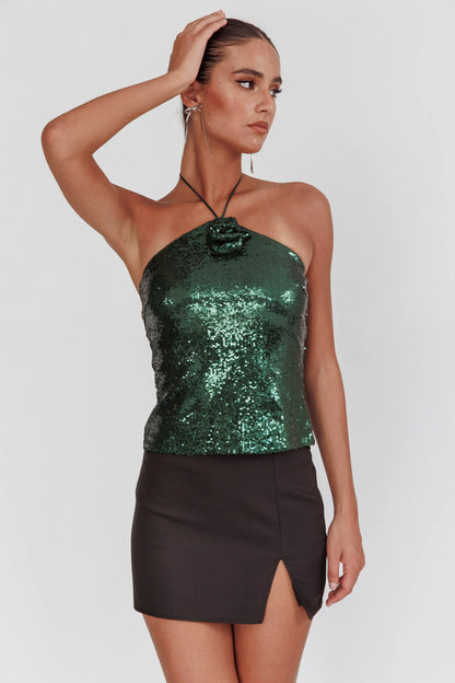 Darcy Sequin Halter Top Hunter Green