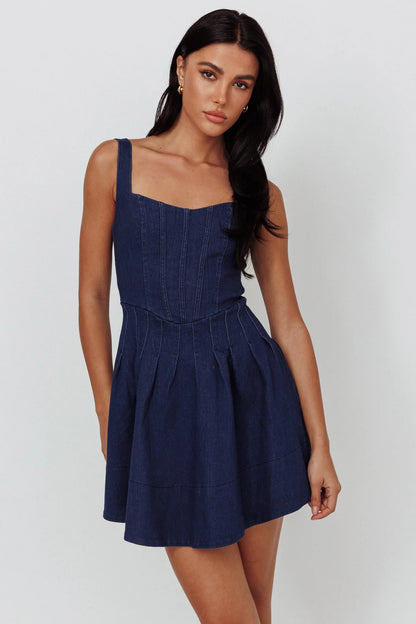 Talisa Pintuck Pleat Waist Mini Dress Dark Blue