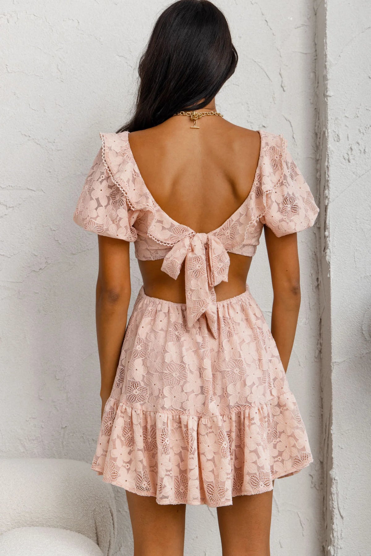 Sweet Life Cut-Out Waist Lace Dress Peach