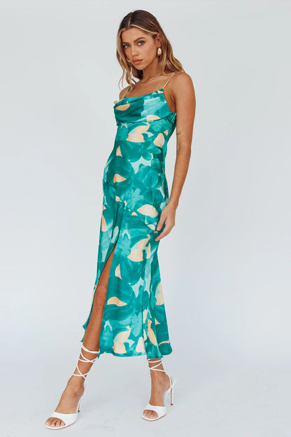 Well Versed Pleated Bust Front Split Dress Flora Green