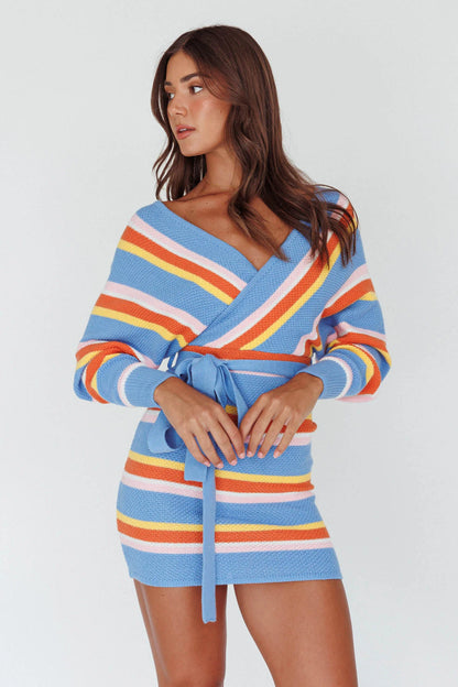Cameo Batwing Knit Dress Striped Blue
