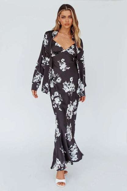 Dillon Long Sleeve Satin Shirt Floral Black