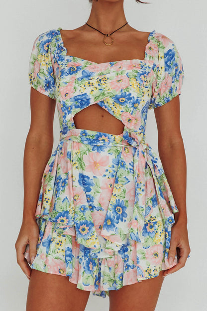 Whimsical Cut-out Bodice Romper Floral Blue