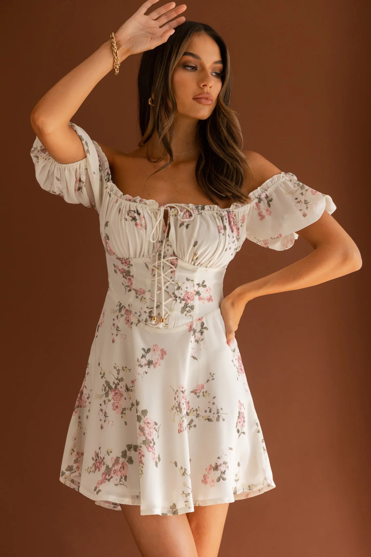 Belle Fleur Tied Bust Mini Dress Floral White
