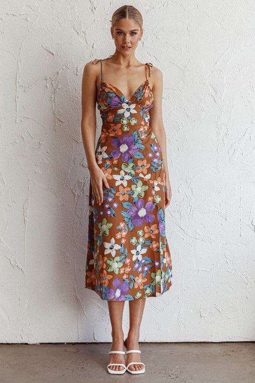 Clovelly Tied Shoulder Midi Dress Flower Terracotta