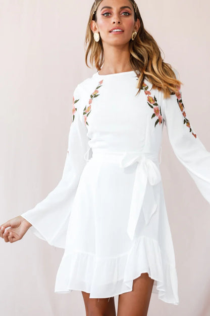 Yara Floral Embellished Fit and Flare Dress White