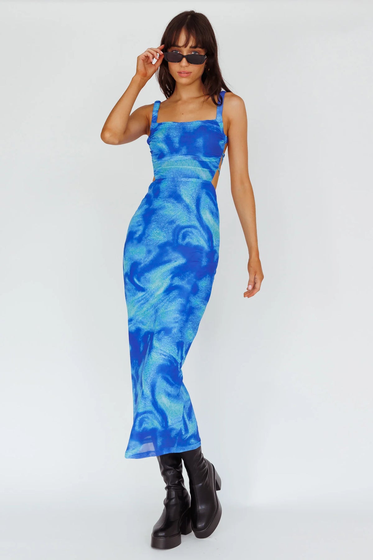 Dream Crush Lace-Up Back Side Split Maxi Dress Swirl Blue