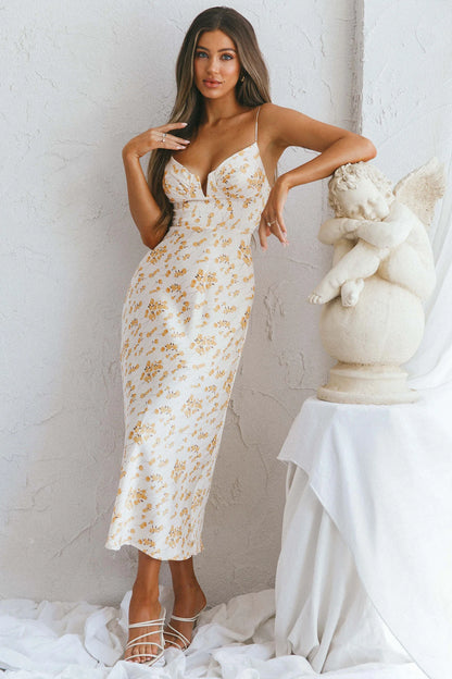Lake Como Fitted Bodice Cami Strap Midi Dress Painted Floral Print Beige
