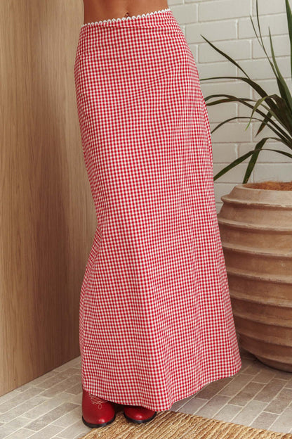 Summer Cottage Lace Trim Maxi Skirt Red Check