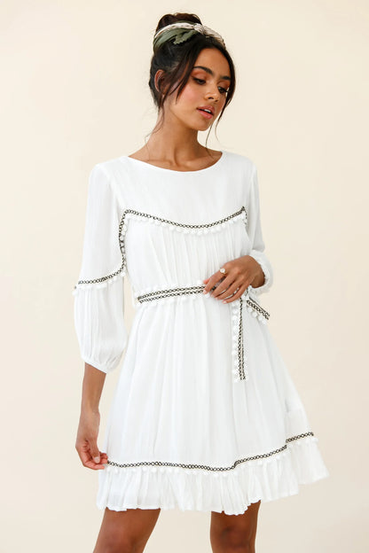 Marionette Three-Quarter Sleeve Pom-Pom Dress White