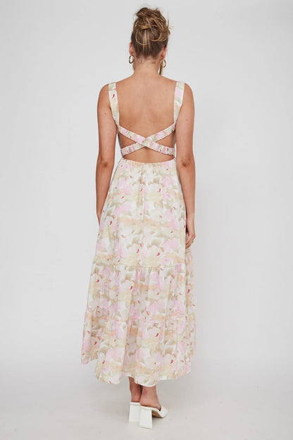 Lisseth Foldover Neckline Midi Dress Floral Pink